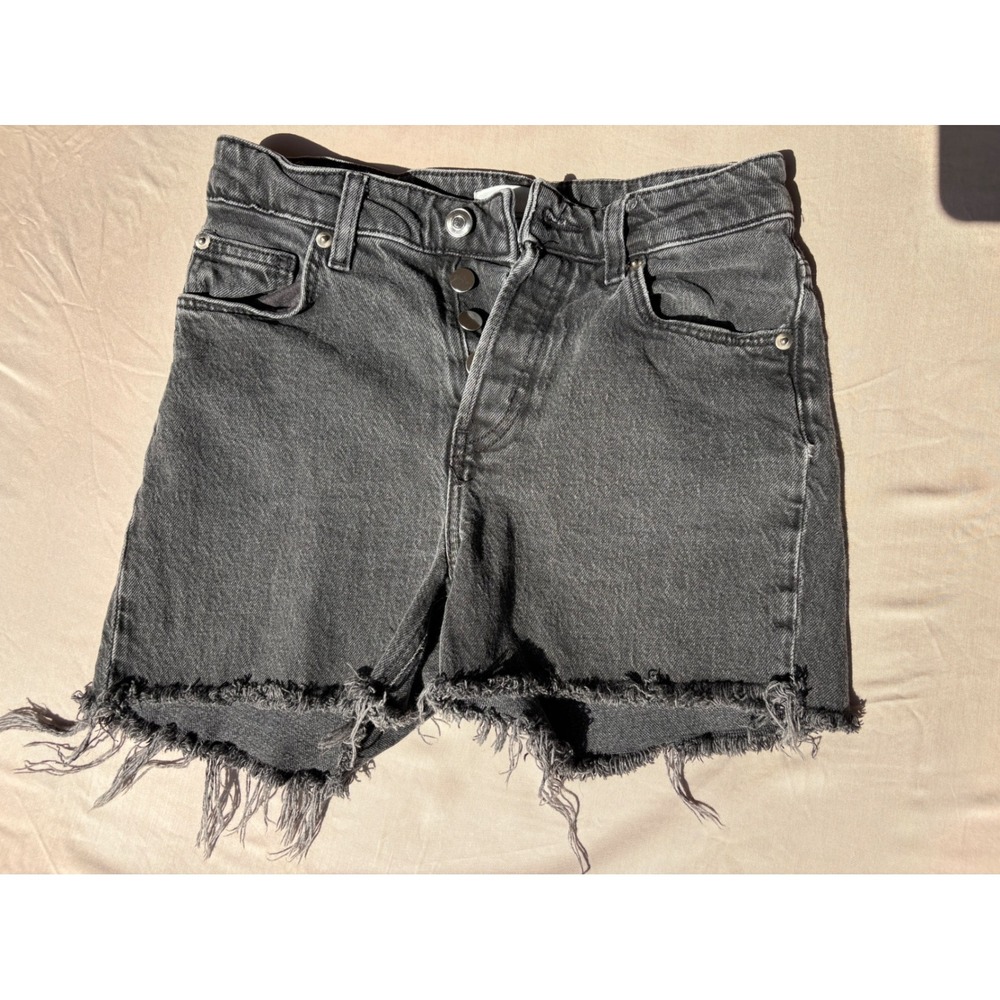 Washed Black High Waisted Distressed Denim Shorts Raw Hem Button Fly Size 28